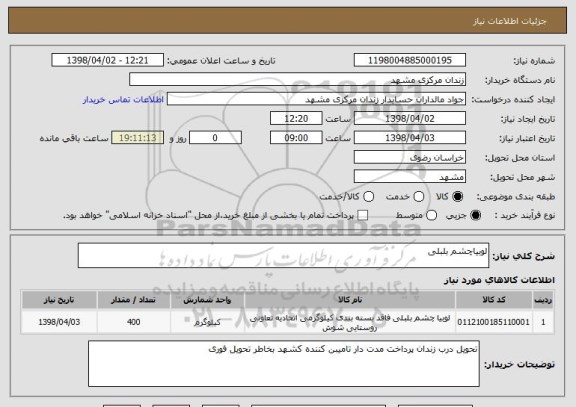 استعلام لوبیاچشم بلبلی