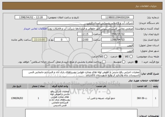 استعلام عملیات اجرایی رفع نشتی و تعویض لوله های مخازن هوایی روستاهای یاری آباد و قنبرآبادو جابجایی فنس تاسیسات چاه ولازجرد از توابع شهرستان تاکستان  