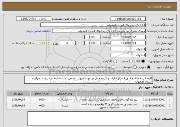 استعلام کلیه هزینه های جانبی اعم از مالیات و کرایه حمل بر عهده فروشنده می باشد-تخلیه بار در زندان مرکزی استان اصفهان