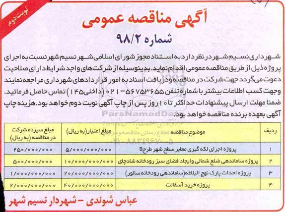 مناقصه عمومی, مناقصه پروژه اجرای لکه گیری معابر سطح شهر - نوبت دوم 