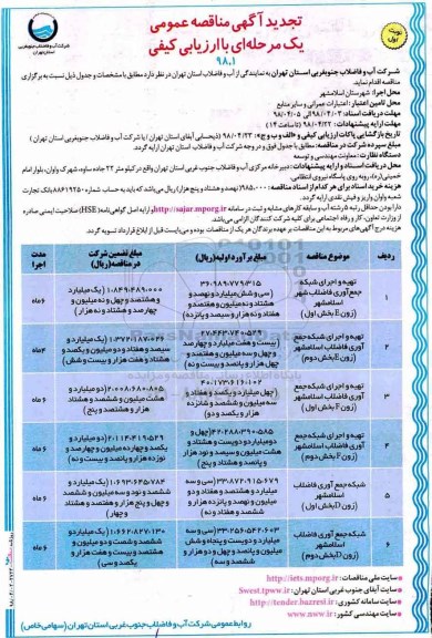 تجدید مناقصه عمومی یک مرحله ای, تجدید مناقصه  تهیه و اجرای شبکه جمع آوری فاضلاب شهر 