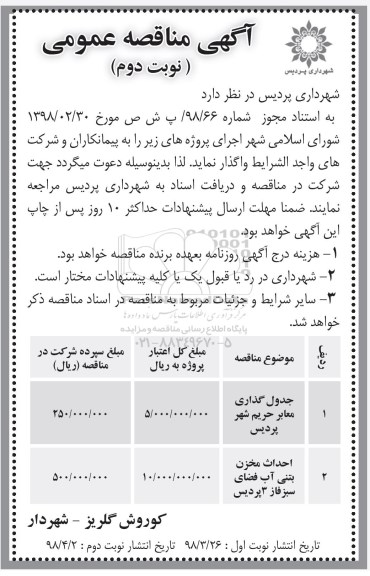 مناقصه , مناقصه جدولگذاری معابر و ... نوبت دوم 