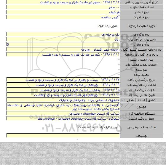 گازرسانی به باقیمانده روستاهای دره عشق ٬آبشاران علیا وسفلی و..دهستان مشایخ بخش ناغان- شهرستان کیار