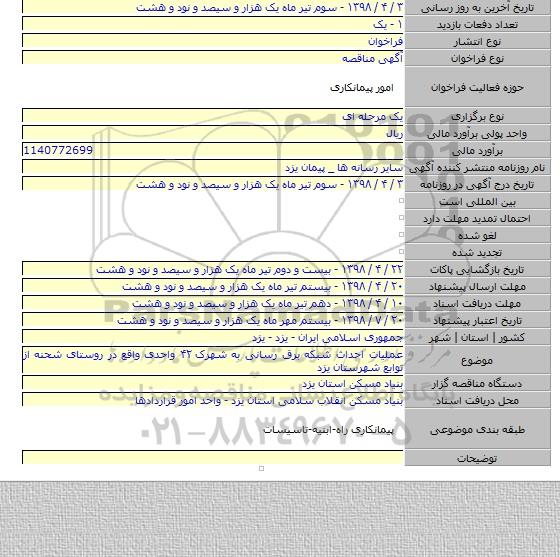 عملیات احداث شبکه برق رسانی به شهرک ۴۲ واحدی واقع در روستای شحنه از توابع شهرستان یزد