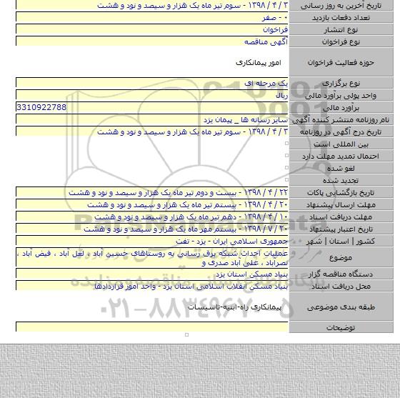عملیات احداث شبکه برق رسانی به روستاهای حسین آباد ، لعل آباد ، فیض آباد ، نصرآباد ، علی آباد صدری و