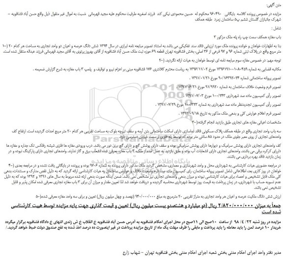مزایده، مزایده فروش 3 باب مغازه