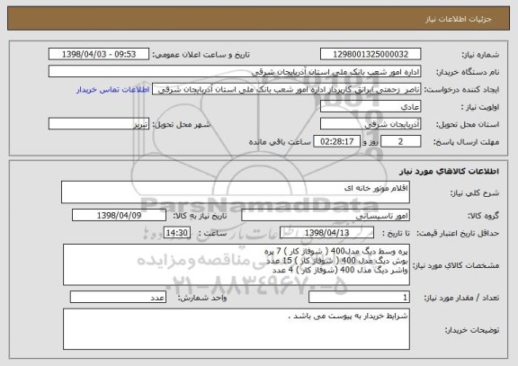 استعلام اقلام موتور خانه ای 