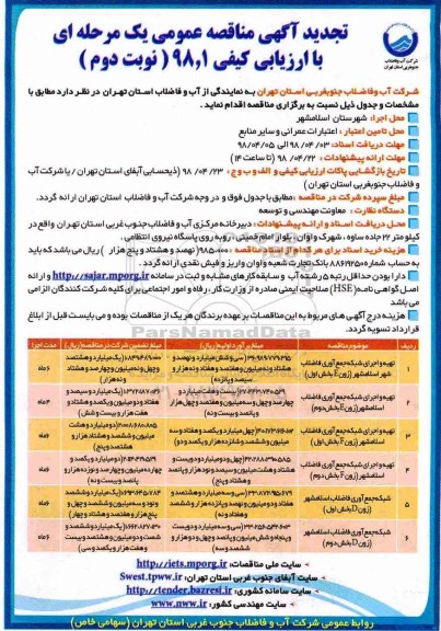 تجدید مناقصه عمومی یک مرحله ای, تجدید مناقصه  تهیه و اجرای شبکه جمع آوری فاضلاب شهر  - نوبت دوم 