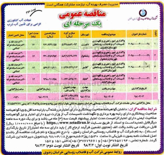 مناقصه عمومی , مناقصه واگذاری امور راهبری و نگهداری تاسیسات آب و فاضلاب روستاهای... - نوبت دوم 