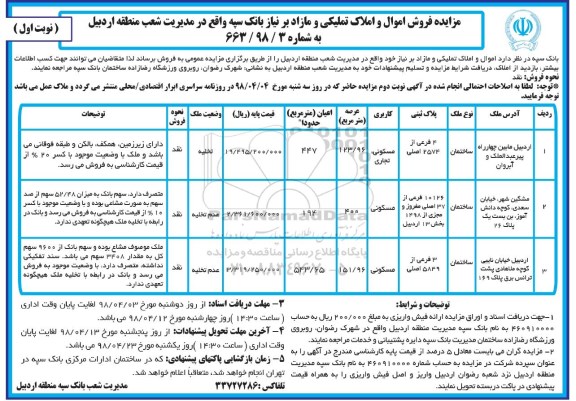 مزایده مزایده فروش اموال و املاک تملیکی و مازاد نوبت اول