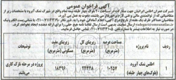 مناقصه ,فراخوان مشارکت در ساخت 20 بلوک چهار طبقه