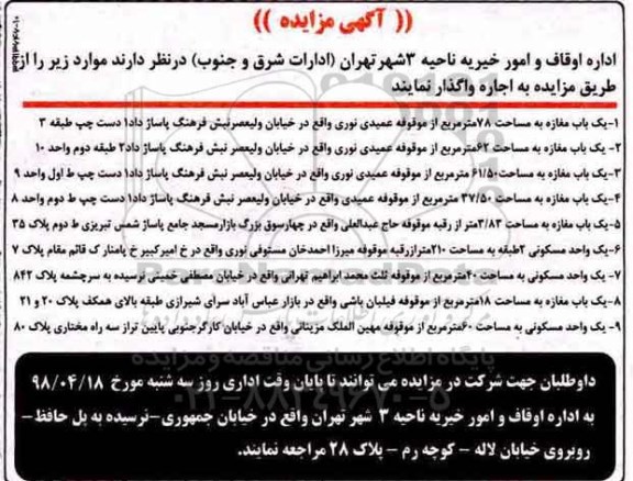 مزایده, مزایده اجاره واگذاری یک باب مغازه