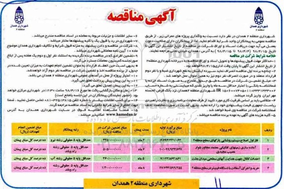 آگهی مناقصه, مناقصه فاز اول اصلاح سیستم روشنایی پارکها