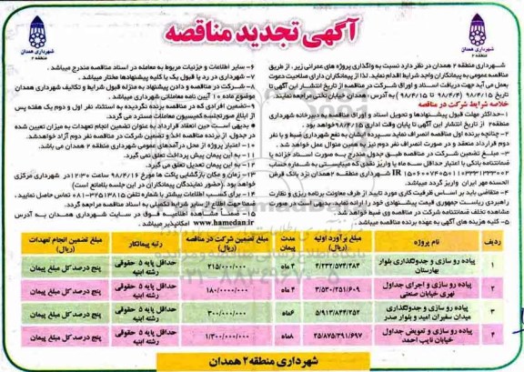 آگهی تجدید مناقصه, تجدید مناقصه پیاده روسازی و جدولگذاری بلوار ....