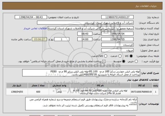 استعلام لوله پلی اتیلن جوشی سایز 160 م م-  PE 100-لوله پلی اتیلن سایز 90 م م-  PE80  
پرداخت از محل اسناد خزانه با سررسید 1400/05/18می باشد.