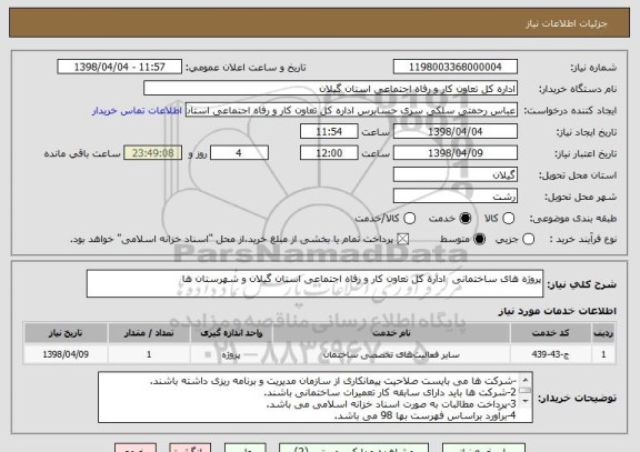 استعلام پروژه های ساختمانی اداره کل تعاون کار و رفاه اجتماعی استان گیلان و شهرستان ها
