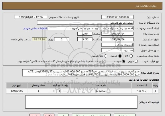 استعلام جدولگذاری بشرح اسناد خزانه اسلامی اخزا707به مبلغ 600.000.000به سررسید1398/6/27واخزا721به مبلغ 390.0000.000ریال به سررسید1400/7/28با قدرت خرید15%سالانه