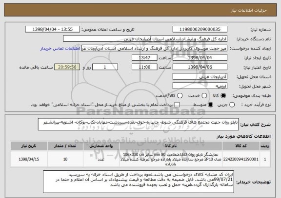 استعلام تابلو روان جهت مجتمع های فرهنگی شوط- چایپاره-خوی-نقده-سردشت-مهاباد-تکاب-بوکان- اشنویه-پیرانشهر
