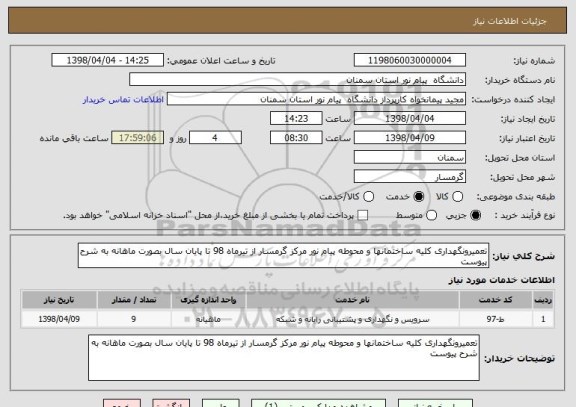 استعلام تعمیرونگهداری کلیه ساختمانها و محوطه پیام نور مرکز گرمسار از تیرماه 98 تا پایان سال بصورت ماهانه به شرح پیوست