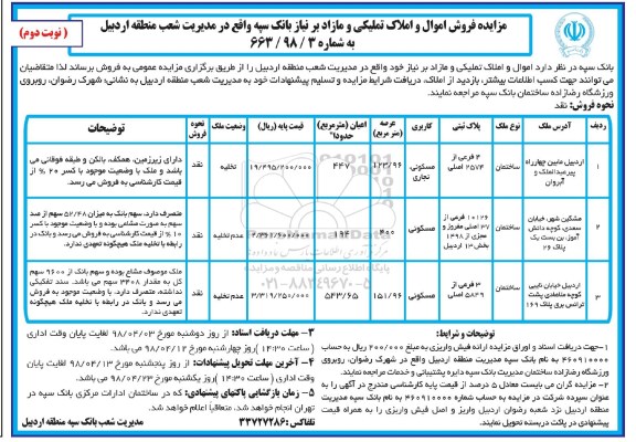 مزایده مزایده فروش اموال و املاک تملیکی و مازاد نوبت دوم 