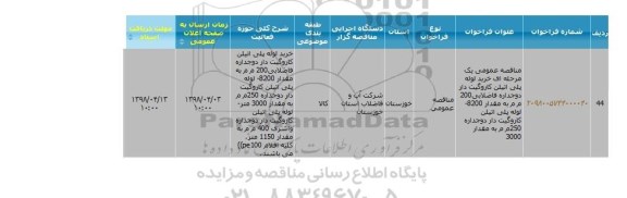 مناقصه عمومی یک مرحله ای خرید لوله پلی اتیلن کاروگیت دار 