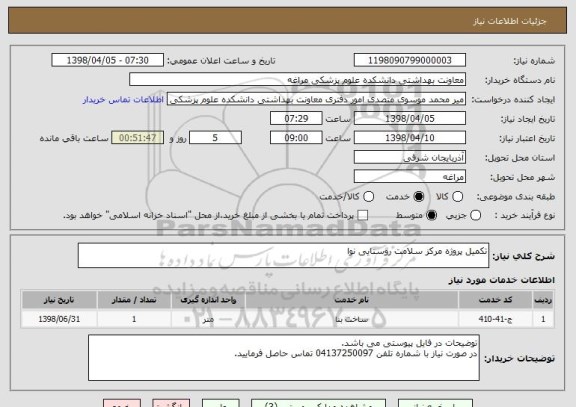 استعلام تکمیل پروژه مرکز سلامت روستایی نوا