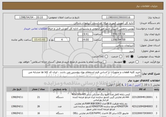 استعلام خرید کلیه قطعات و تجهیزات بر اساس فرم استعلام بهاء پیوستی می باشد . ایران کد کالا ها مشابه می باشد 