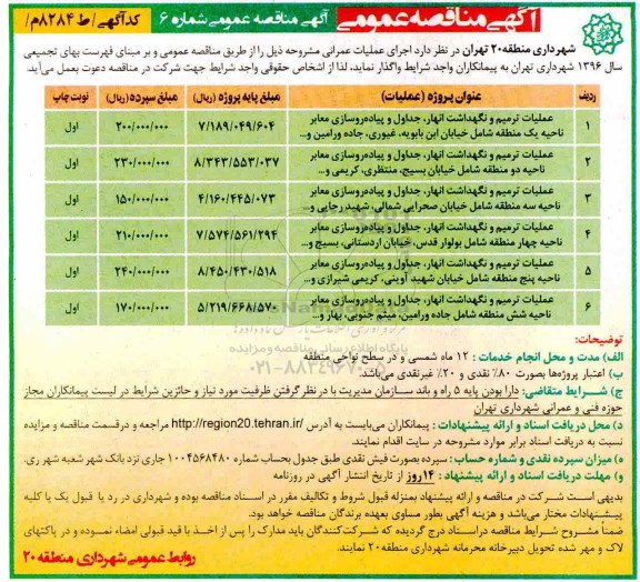 آگهی مناقصه عمومی, مناقصه عملیات ترمیم و نگهداشت انهار، جداول و پیاده روسازی معابر... 