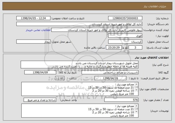 استعلام محل تحویل شهرستان بیجار استان کردستان می باشد
کلیه هزینه ها از جمله حمل و بارگیری و تخلیه و ... با تامیت کننده می باشد