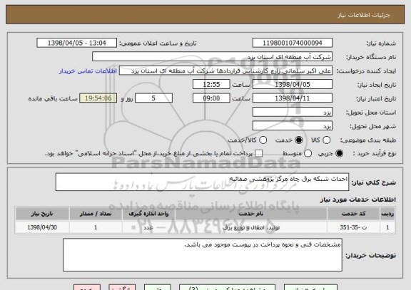 استعلام احداث شبکه برق چاه مرکز پژوهشی صفائیه
