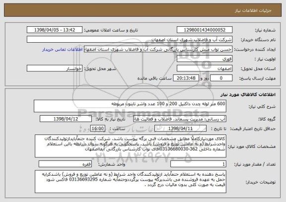 استعلام 600 متر لوله چدن داکتیل 200 و 100 عدد واشر تایتون مربوطه