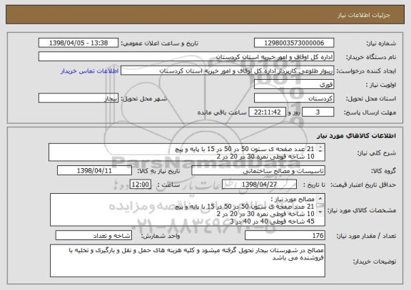 استعلام 21 عدد صفحه ی ستون 50 در 50 در 15 با پایه و پیچ 
10 شاخه قوطی نمره 30 در 20 در 2
45 شاخه قوطی 40 در 40 در 3
100 شاخه قوطی 80 در 40 در 3