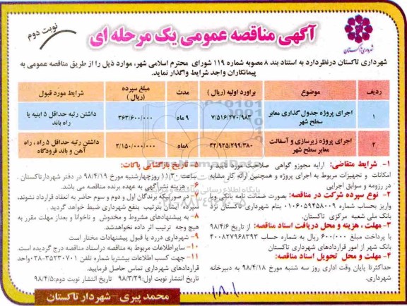 مناقصه , مناقصه اجرای پروژه جدول گذاری معابر سطح شهر و ...نوبت دوم 