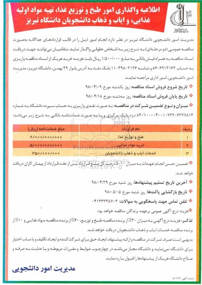 اطلاعیه,اطلاعیه واگذاری امور طبخ و توزیع غذا، تهیه مواد اولیه غذایی و ...