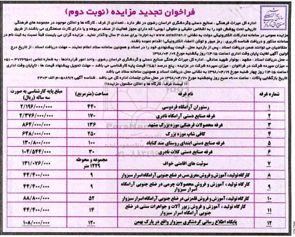 تجدید مزایده, تجدید مزایده تعدادی از غرف، کارگاه ها و اماکن - نوبت دوم 