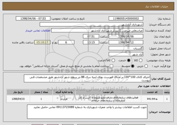 استعلام اجرای کانال 100*100 بر مبنای فهرست بهای ابنیه سال 98 در سطح شهر آزادشهر طبق مشخصات فنی پیوست
