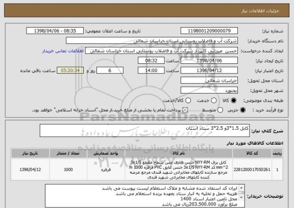 استعلام کابل 1.5*3و 2.5*3 ستاد استان 