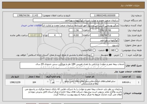 استعلام خدمات بیمه عمر و حوادث پرسنلی به تعداد تقریبی 184 نفر با میانگین سنی حدودی 45 سال