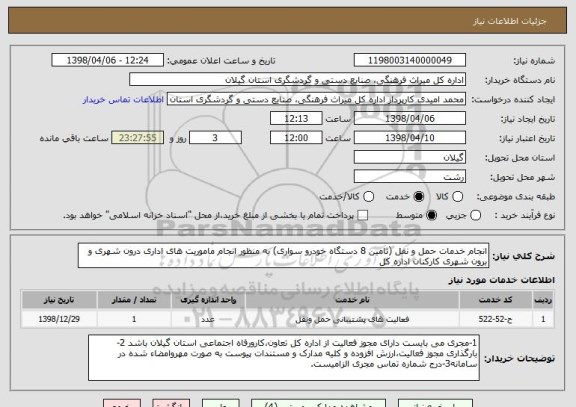 استعلام انجام خدمات حمل و نقل (تامین 8 دستگاه خودرو سواری) به منظور انجام ماموریت های اداری درون شهری و برون شهری کارکنان اداره کل