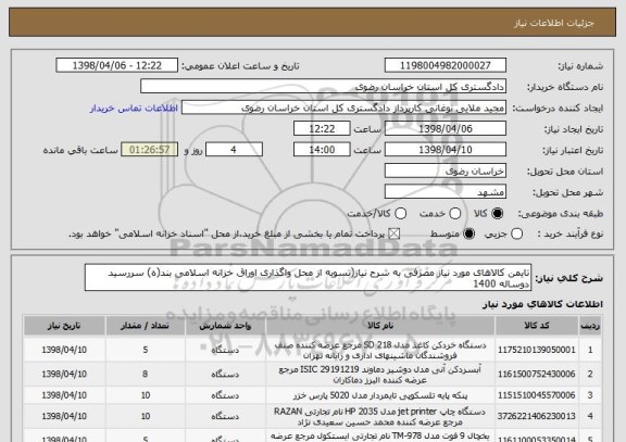 استعلام تایمن کالاهای مورد نیاز مصرفی به شرح نیاز(تسویه از محل واگذاری اوراق خزانه اسلامی بند(ه) سررسید دوساله 1400
