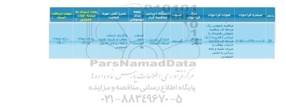 مناقصه عمومی, مناقصه واگذاری خدمات نظافت و باربری نقلیه و نامه رسانی