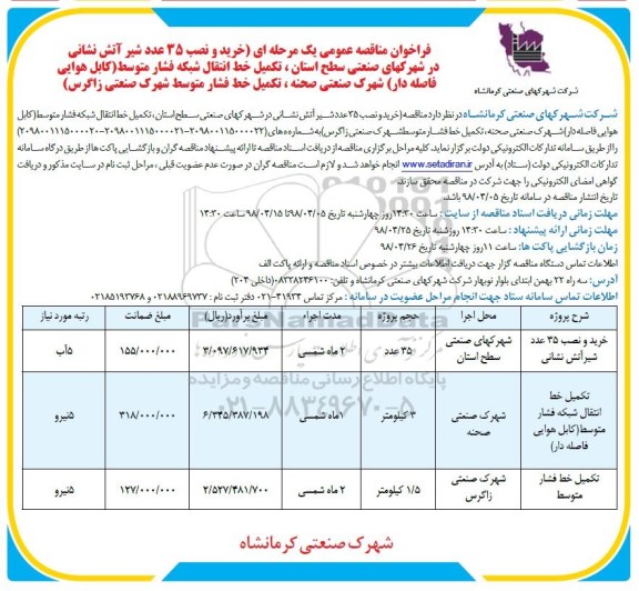 مناقصه تجدید فراخوان مناقصه, فراخوان مناقصه خرید و نصب 35 عدد شیر آتش نشانی و...