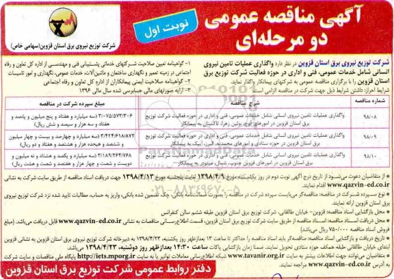 مناقصه واگذاری عملیات تامین نیروی انسانی