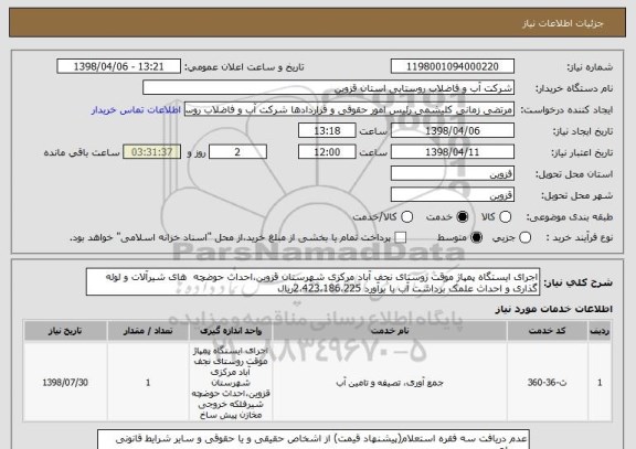 استعلام اجرای ایستگاه پمپاژ موقت روستای نجف آباد مرکزی شهرستان قزوین،احداث حوضچه  های شیرآلات و لوله گذاری و احداث علمک برداشت آب با برآورد 2،423،186،225ریال 