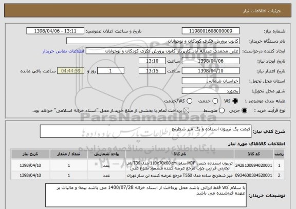 استعلام قیمت یک تریبون استاده و یک میز شطرنج 