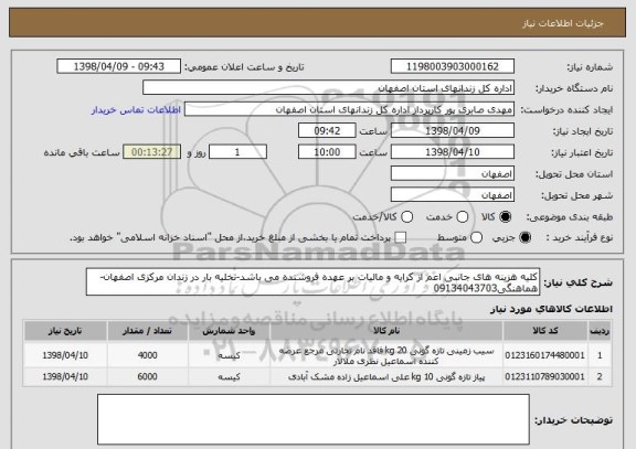 استعلام کلیه هزینه های جانبی اعم از کرایه و مالیات بر عهده فروشنده می باشد-تخلیه بار در زندان مرکزی اصفهان-هماهنگی09134043703