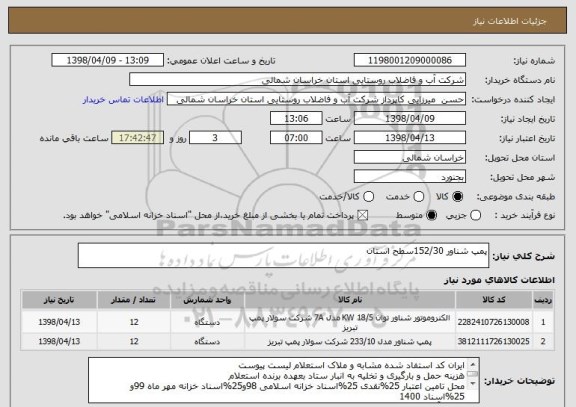 استعلام پمپ شناور 152/30سطح استان 