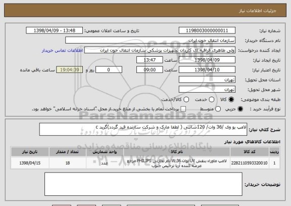 استعلام لامپ یو وی /36 وات/ 120سانتی ( لطفا مارک و شرکت سازنده قید گردد)گرید c