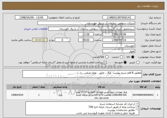 استعلام مطابق 8 قلم شرح پیوست  ورق . عایق . توری مرغی . و ...