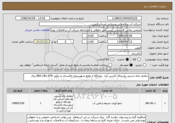 استعلام حفاری چاه دستی روستای حسین آباد  دودانگه از توابع شهرستان تاکستان با برآورد 684،181،479 ریال 